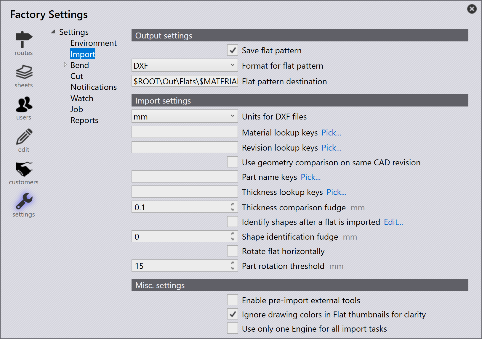 Import settings