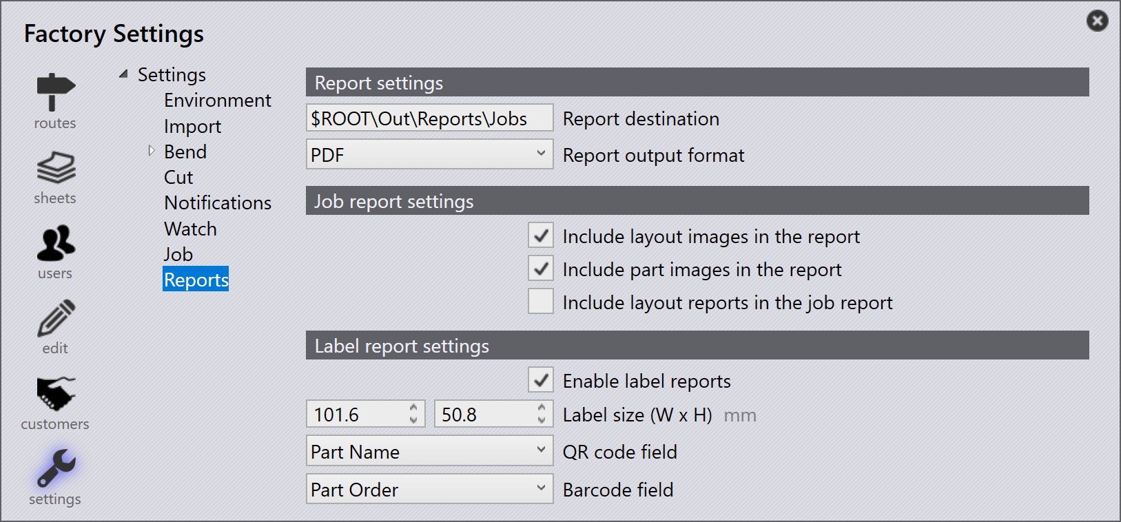 Reports settings
