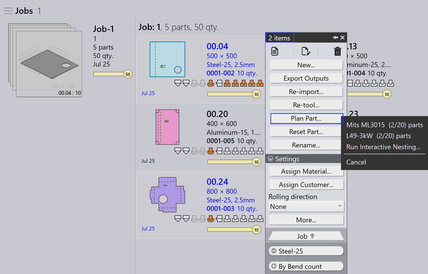 Plan job for cutting